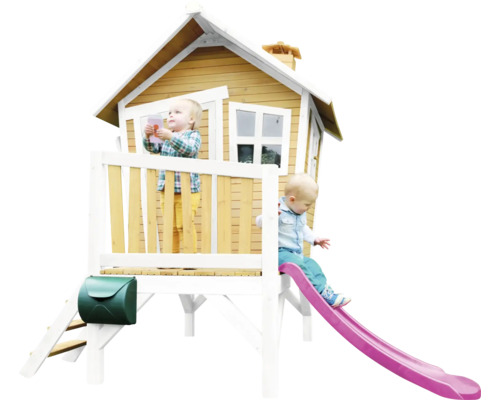 Speelhuis met glijbaan en twee spelende kinderen