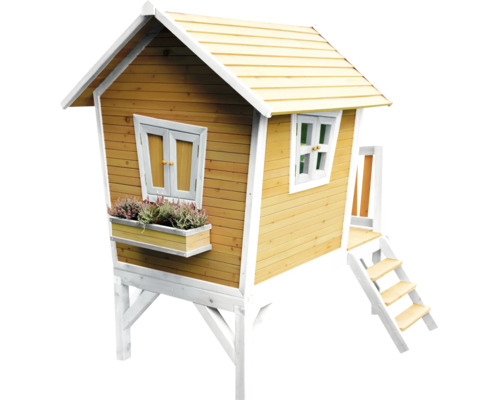 Houten speelhuis met ramen, bloembak en trap