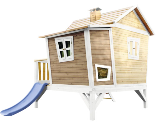 Houten speelhuis met glijbaan en ramen