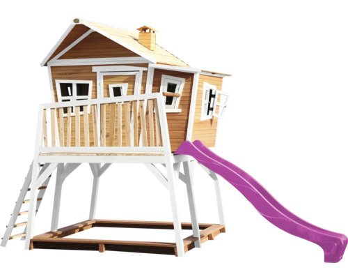 Speelhuis met glijbaan, ladder en zandbak van hout