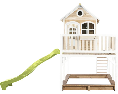 Speelhuis met glijbaan en zandbak van hout