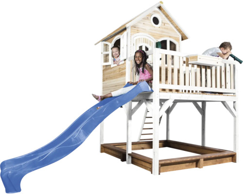 Speelhuis met glijbaan, zandbak en kinderen