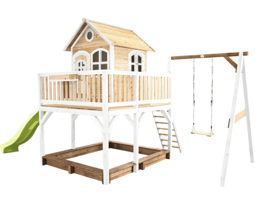 AXI Speelhuis Liam met enkele schommel en groene glijbaan 541x277x291 cm Speeltuin met speelhuis, glijbaan, zandbak en houten schommel