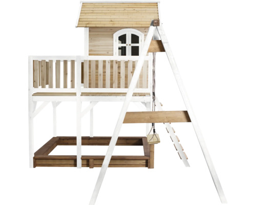 Houten speeltoren met schommel en zandbak