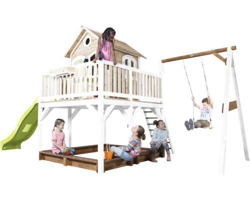 Kinderspeelplaats met speelhuisje, glijbaan en schommel voor buiten