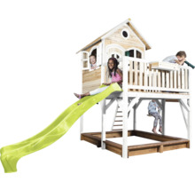 Speelhuis met glijbaan, zandbak en kinderen