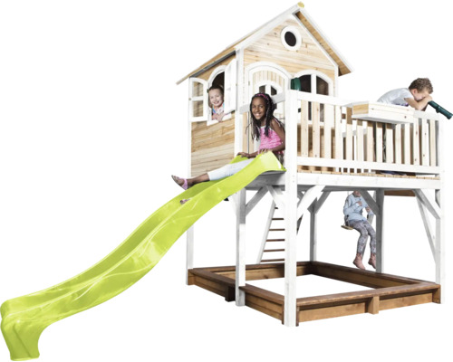 Speelhuis met glijbaan, zandbak en kinderen
