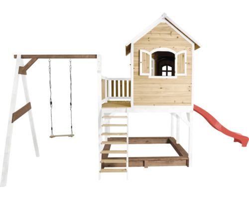 Speeltoren met schommel, glijbaan en zandbak van hout