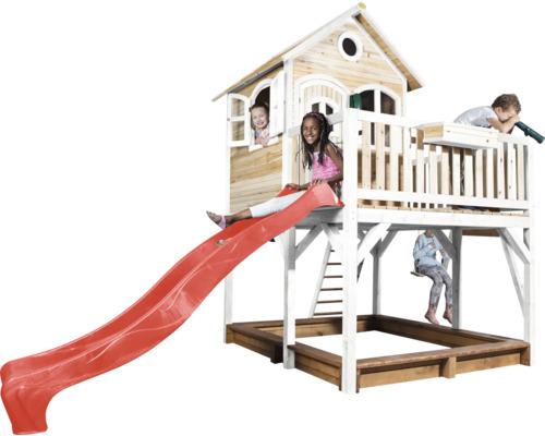 Speelhuis met glijbaan, zandbak, schommel en kinderen