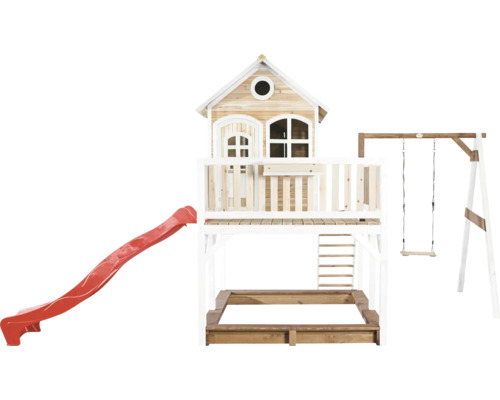 Speelhuis met glijbaan, schommel en zandbak van hout