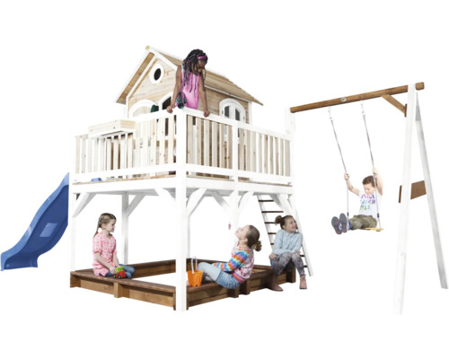 AXI Speelhuis Liam met enkele schommel en blauwe glijbaan 541x277x291 cm Speeltuin met speelhuis, glijbaan, schommel en zandbak voor kinderen