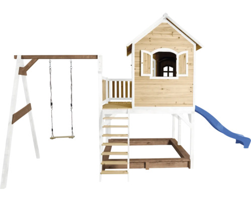 Houten speeltoestel met schommel, speelhuis, glijbaan en zandbak