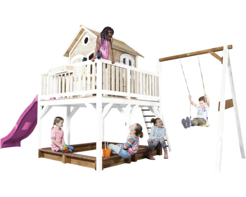 Kinderspeelplaats met speelhuis, glijbaan, zandbak en schommel voor kinderen