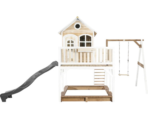 Speelhuis met glijbaan, zandbak en schommel