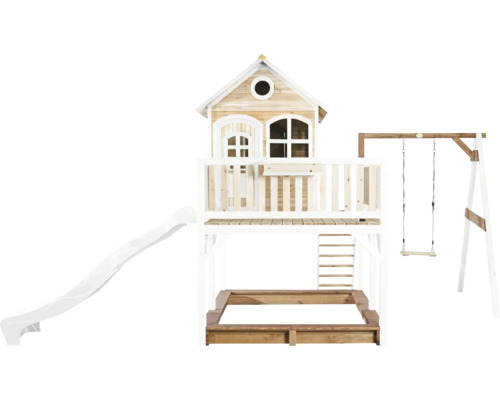 Speelhuis met glijbaan, schommel en zandbak voor in de tuin