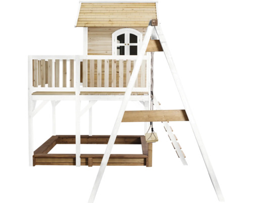 Speelhuis met schommel, zandbak en ladder van hout