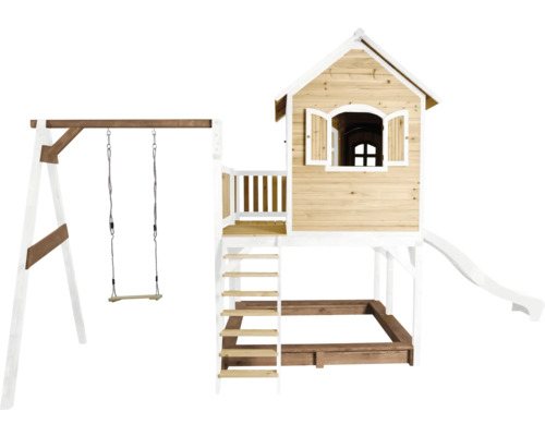 Houten speelhuis met schommel, glijbaan en zandbak