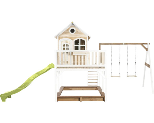 Speelhuis met glijbaan, schommel en zandbak voor de tuin