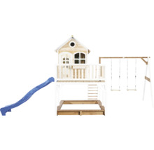 Houten speelhuis met glijbaan, zandbak en schommel