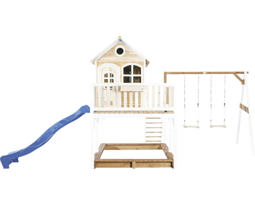 Houten speelhuis met glijbaan, zandbak en schommel