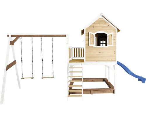 Speeltoren met schommel, glijbaan en zandbak van hout