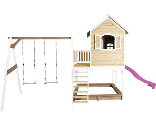 Houten speelhuis met schommel, glijbaan en zandbak