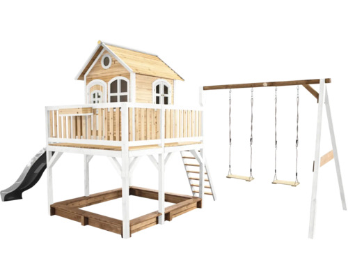 AXI Speelhuis Liam met dubbele schommel en grijze glijbaan 613x277x291 cm Speelhuis met glijbaan, zandbak en schommel voor de tuin