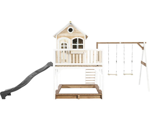 Speeltoren met glijbaan, schommel en zandbak voor in de tuin