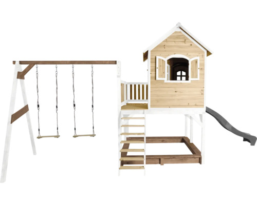 Houten speeltuin met schommel, speelhuis, zandbak en glijbaan