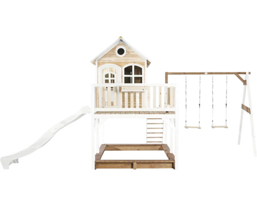 Houten speelhuis met glijbaan, schommel en zandbak