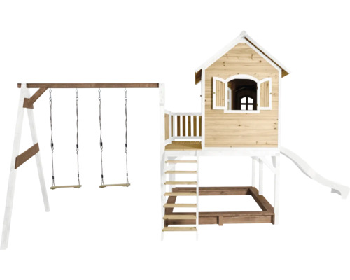 Speelhuis met schommel, glijbaan en zandbak voor in de tuin