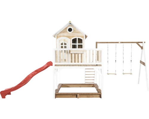 Speelhuis met glijbaan, zandbak en schommel voor de tuin