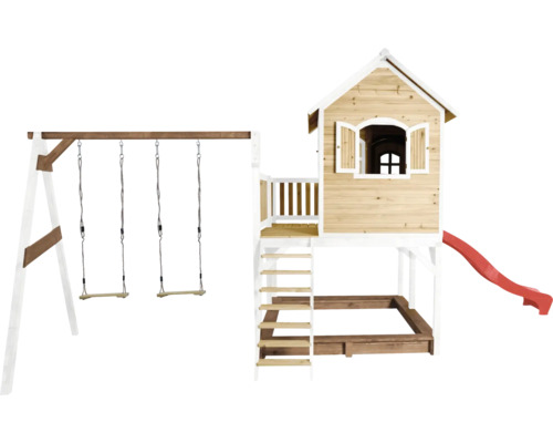 Houten speelhuis met schommel, glijbaan en zandbak