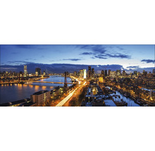 Panoramisch uitzicht op Rotterdam bij nacht met verlichte gebouwen en bruggen