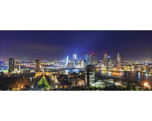 Nachtzicht van de stad Rotterdam met de Erasmusbrug en wolkenkrabbers