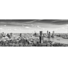 Zwart-witfoto van de skyline van Rotterdam met wolkenkrabbers en waterwegen.