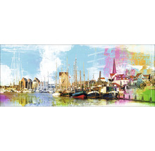 Schilderij van een havengezicht met boten en gebouwen