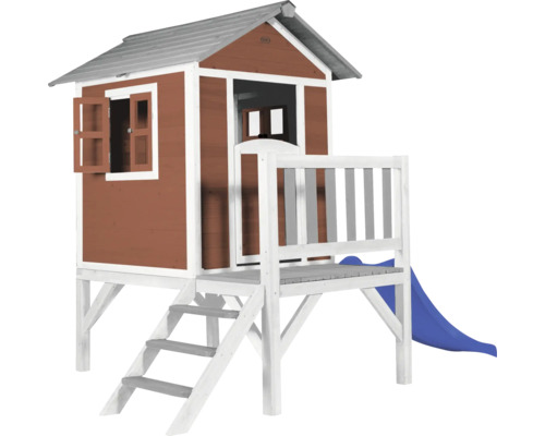 AXI Speelhuis Lodge XL scandinavisch rood met blauwe glijbaan 240x167x189 cm Houten speelhuis met glijbaan en ladder