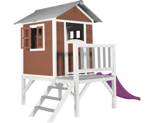 AXI Speelhuis Lodge XL scandinavisch rood met paarse glijbaan 240x167x189 cm Houten speelhuis met glijbaan en trap