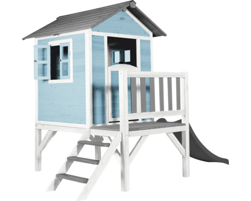 AXI Speelhuis Lodge XL caribisch blauw met grijze glijbaan 240x167x189 cm Houten speelhuis met glijbaan en trap