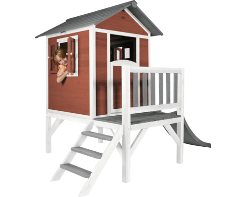 AXI Speelhuis Lodge XL scandinavisch rood met grijze glijbaan 240x167x189 cm Houten speelhuis met glijbaan en trap