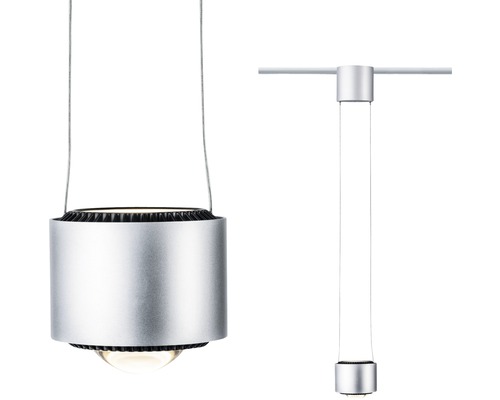 Twee aanzichten van een zilverkleurige hanglamp