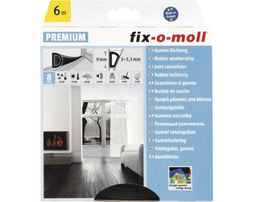 Fix-o-moll rubber tochtstrip, zes meter, negen millimeter
