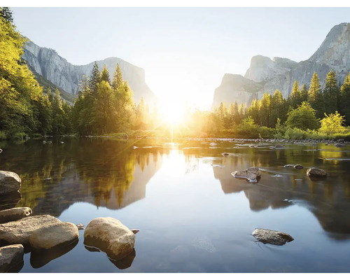 Landschap met rivier, bomen en bergen in zonlicht