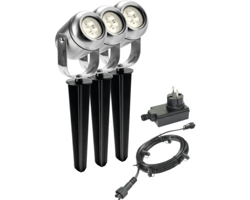 SEASONLIGHTS LED Grondspot set Bolsano RVS, 3 stuks Drie tuinspots met grondspies, transformator en kabel