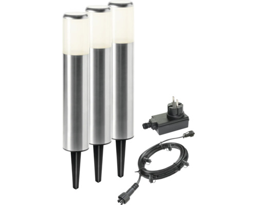 SEASONLIGHTS LED Tuinpaalset Loreto 12V RVS, 3 stuks Drie zilverkleurige tuinlampen met grondspies, transformator en kabel