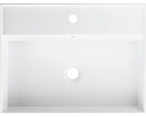 Wastafel van sanitair keramiek met kraangat en overloop