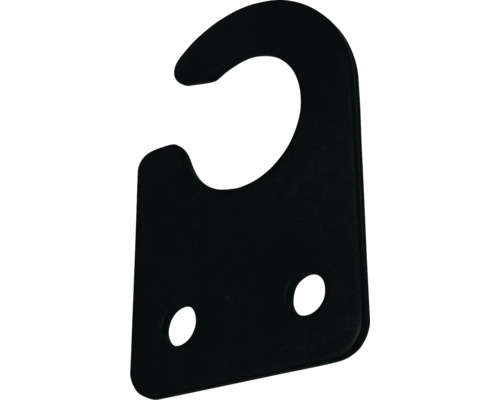 Zwarte ophanginrichting met haak en twee bevestigingsgaten.