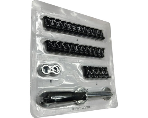 Bevestigingsset met schroeven, moeren en gereedschap in kunststof verpakking