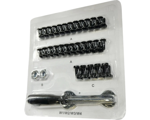 Schroeven, moeren en gereedschapsset in plastic verpakking